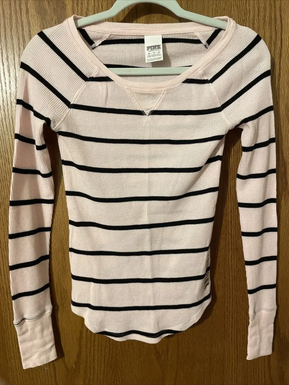 Victorias Secret PINK Waffle Knit Long Sleeve T Shirt Black Stripe Pink XS